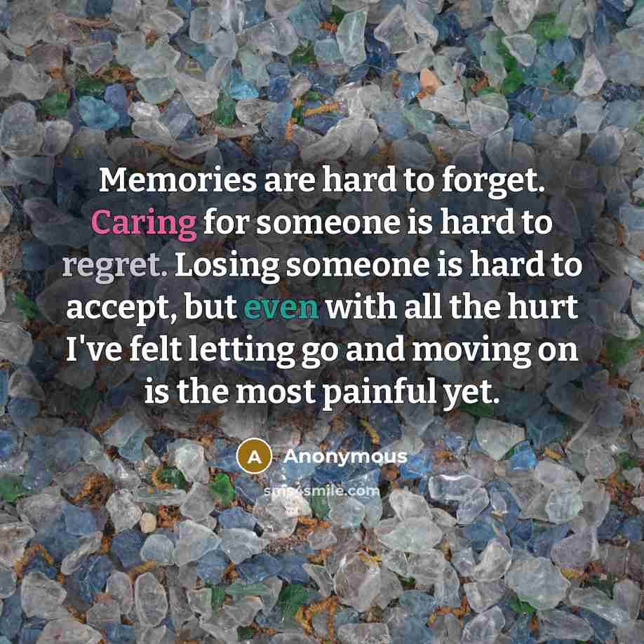 “Memories are hard to forget. Caring for someone is hard to regret. Losing someone is hard to accept, but even with all the hurt I've felt letting go and moving on is the most painful yet.” quote by Anonymous
