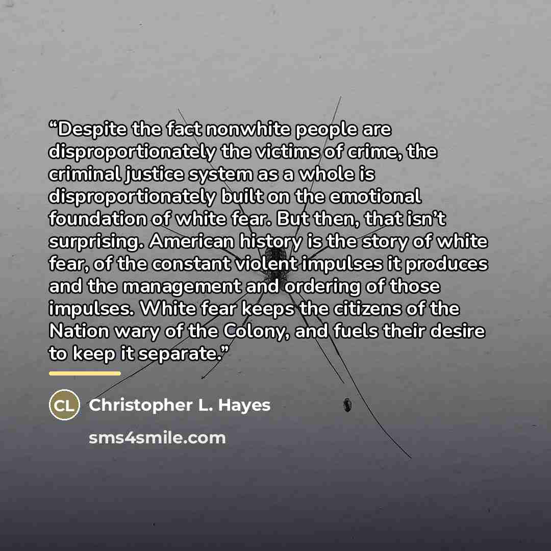 “Despite the fact nonwhite people are disproportionately the victims of crime, the criminal justice system as a whole is disproportionately built on the emotional foundation of white fear. But then, that isn’t surprising. American history is the story of white fear, of the constant violent impulses…” quote by Christopher L. Hayes