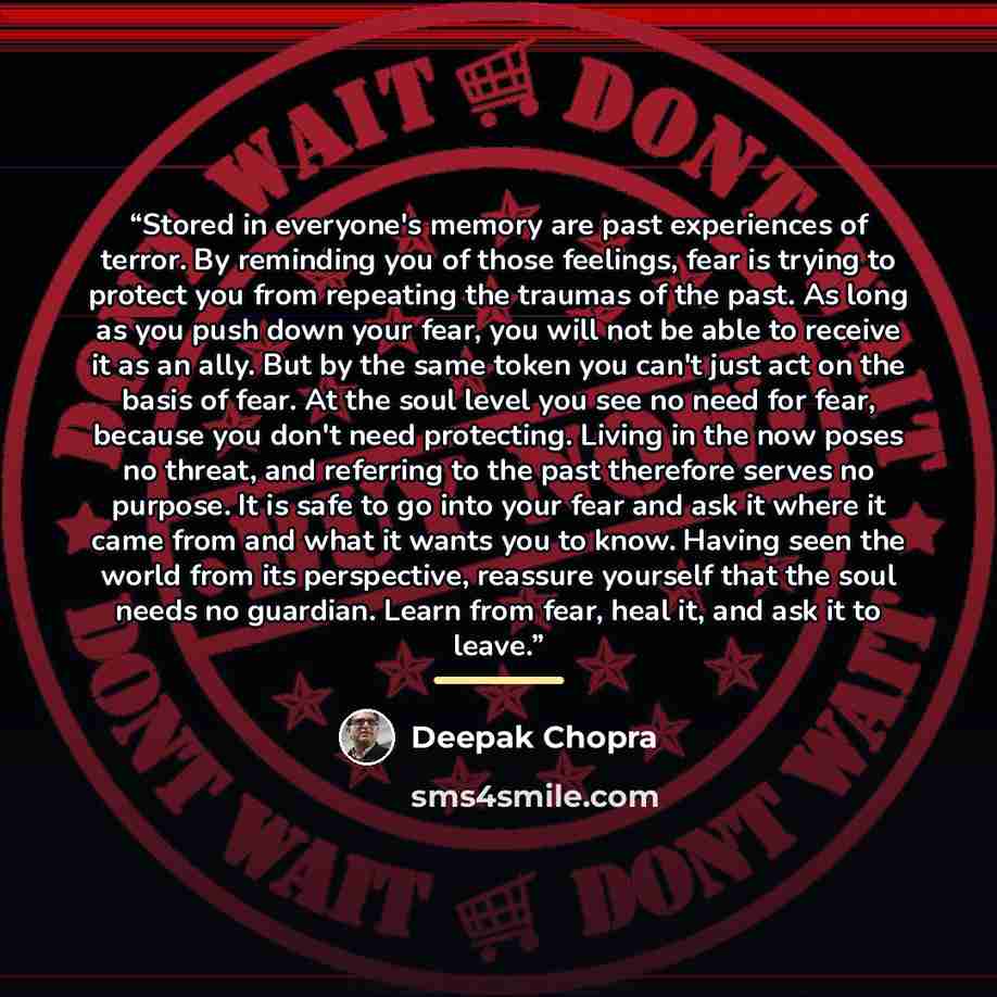 “Stored in everyone's memory are past experiences of terror. By reminding you of those feelings, fear is trying to protect you from repeating the traumas of the past. As long as you push down your fear, you will not be able to receive it as an ally. But by the same token you can't just act on the…” quote by Deepak Chopra