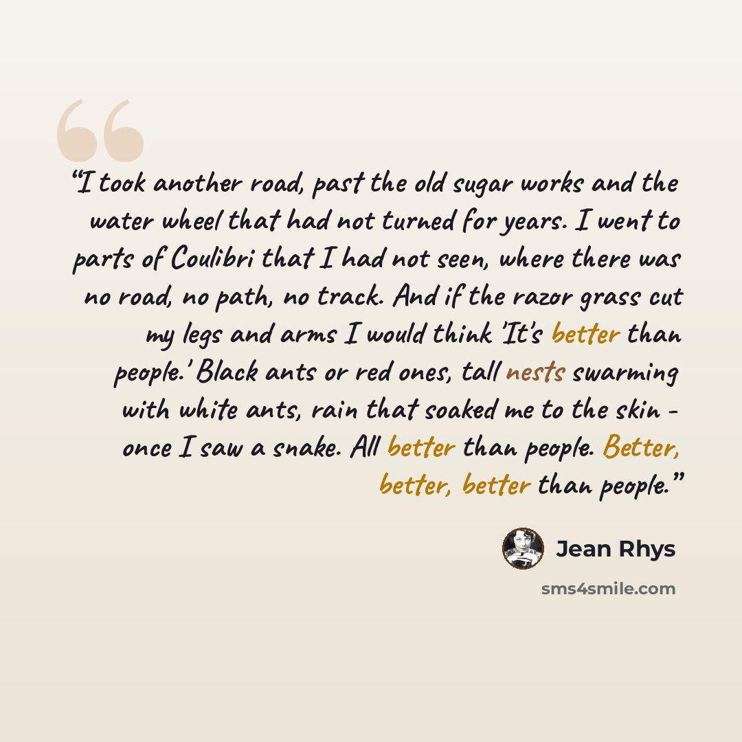 “I took another road, past the old sugar works and the water wheel that had not turned for years. I went to parts of Coulibri that I had not seen, where there was no road, no path, no track. And if the razor grass cut my legs and arms I would think 'It's better than people.' Black ants or red ones…” quote by Jean Rhys