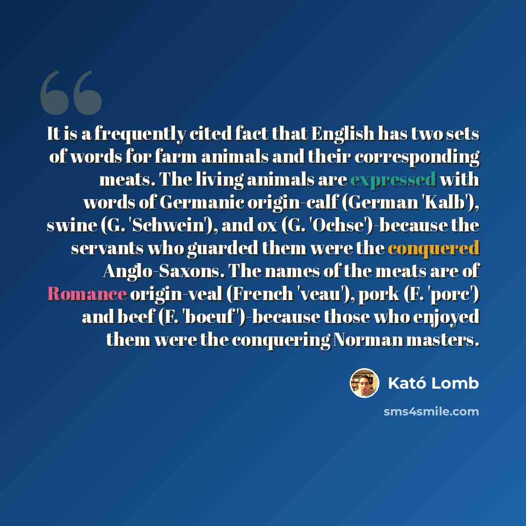 “It is a frequently cited fact that English has two sets of words for farm animals and their corresponding meats. The living animals are expressed with words of Germanic origin-calf (German 'Kalb'), swine (G. 'Schwein'), and ox (G. 'Ochse')-because the servants who guarded them were the conquered…” quote by Kató Lomb