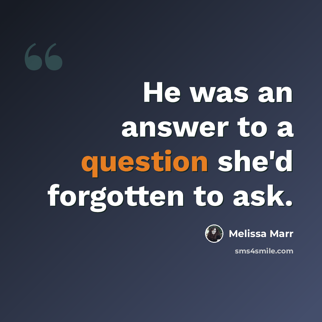 “He was an answer to a question she'd forgotten to ask.” quote by Melissa Marr