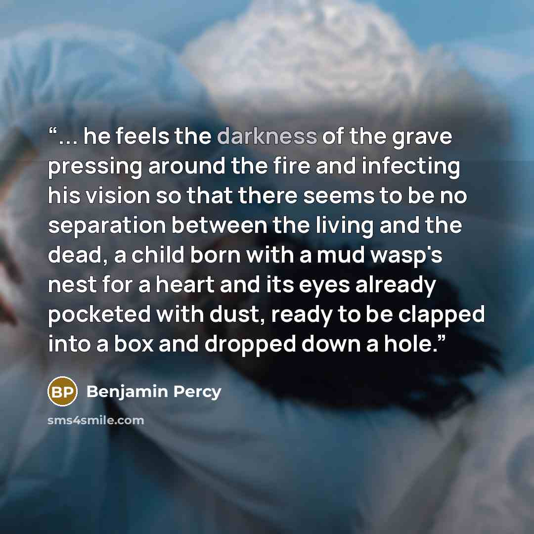 “... he feels the darkness of the grave pressing around the fire and infecting his vision so that there seems to be no separation between the living and the dead, a child born with a mud wasp's nest for a heart and its eyes already pocketed with dust, ready to be clapped into a box and dropped down…” quote by Benjamin Percy