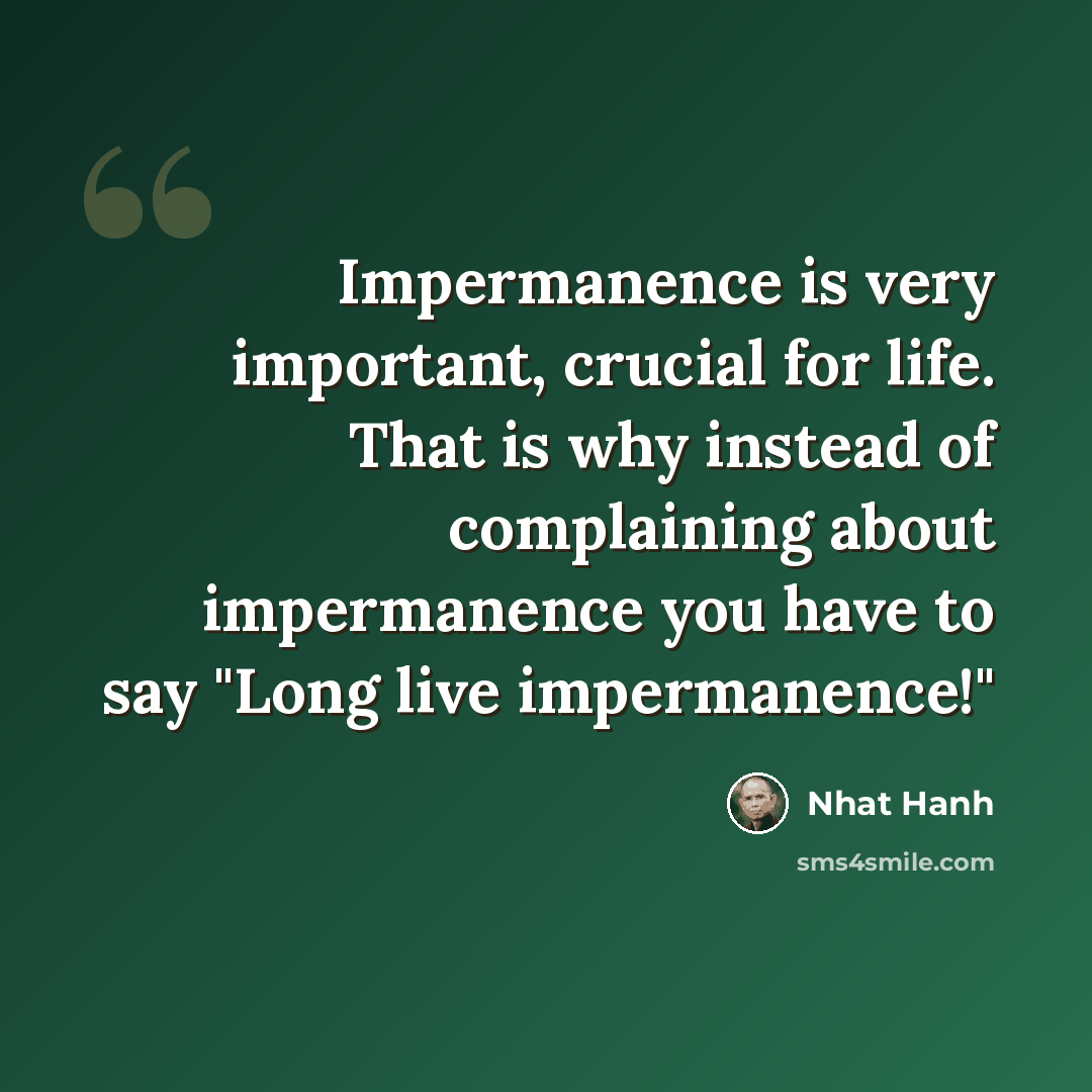 “Impermanence is very important, crucial for life. That is why instead of complaining about impermanence you have to say "Long live impermanence!"” quote by Nhat Hanh
