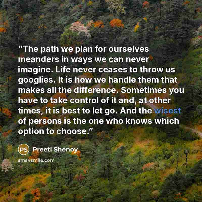 “The path we plan for ourselves meanders in ways we can never imagine. Life never ceases to throw us googlies. It is how we handle them that makes all the difference. Sometimes you have to take control of it and, at other times, it is best to let go. And the wisest of persons is the one who knows…” quote by Preeti Shenoy