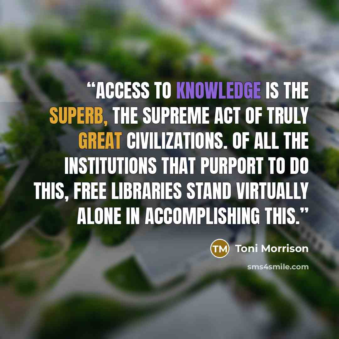 “Access to knowledge is the superb, the supreme act of truly great civilizations. Of all the institutions that purport to do this, free libraries stand virtually alone in accomplishing this.” quote by Toni Morrison