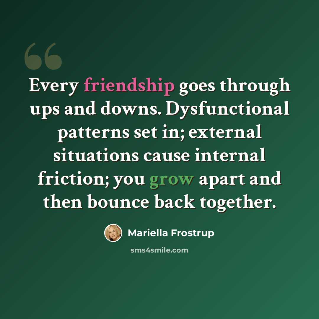 “Every friendship goes through ups and downs. Dysfunctional patterns set in; external situations cause internal friction; you grow apart and then bounce back together.” quote by Mariella Frostrup