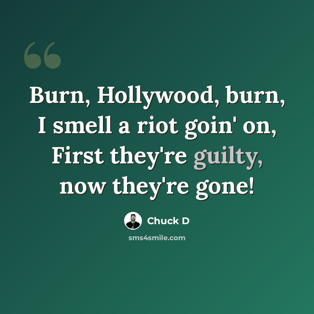 “Burn, Hollywood, burn, I smell a riot goin' on, First they're guilty, now they're gone!” quote by Chuck D