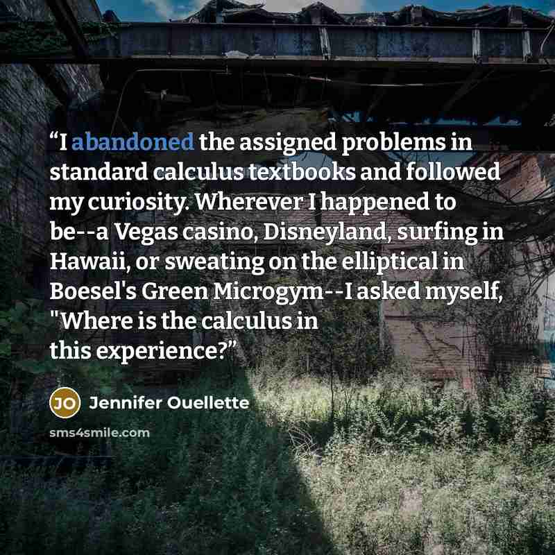 “I abandoned the assigned problems in standard calculus textbooks and followed my curiosity. Wherever I happened to be--a Vegas casino, Disneyland, surfing in Hawaii, or sweating on the elliptical in Boesel's Green Microgym--I asked myself, "Where is the calculus in this experience?” quote by Jennifer Ouellette