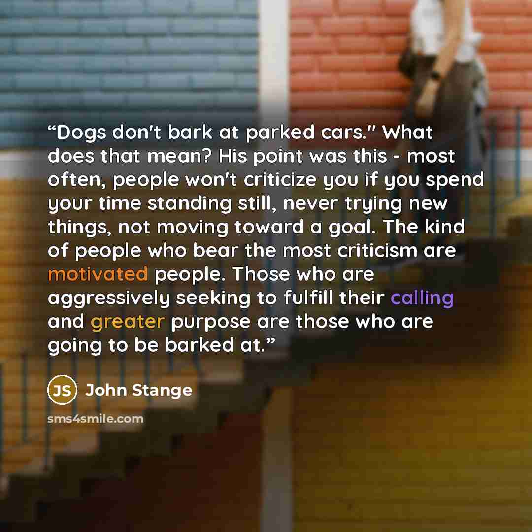 “Dogs don't bark at parked cars." What does that mean? His point was this - most often, people won't criticize you if you spend your time standing still, never trying new things, not moving toward a goal. The kind of people who bear the most criticism are motivated people. Those who are…” quote by John Stange