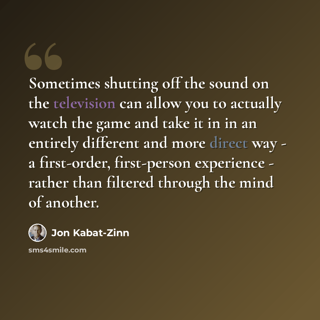 “Sometimes shutting off the sound on the television can allow you to actually watch the game and take it in in an entirely different and more direct way - a first-order, first-person experience - rather than filtered through the mind of another.” quote by Jon Kabat-Zinn