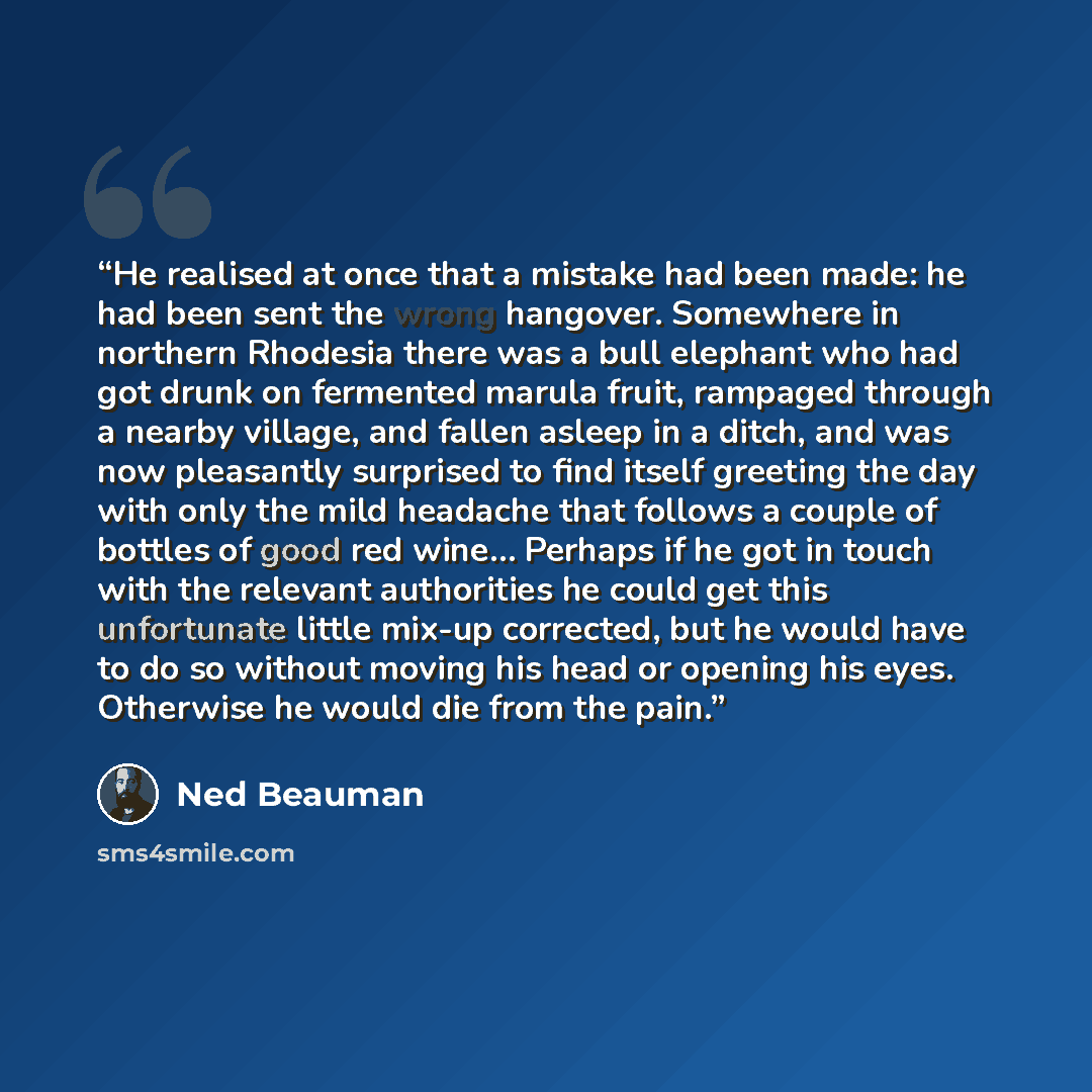 “He realised at once that a mistake had been made: he had been sent the wrong hangover. Somewhere in northern Rhodesia there was a bull elephant who had got drunk on fermented marula fruit, rampaged through a nearby village, and fallen asleep in a ditch, and was now pleasantly surprised to find…” quote by Ned Beauman