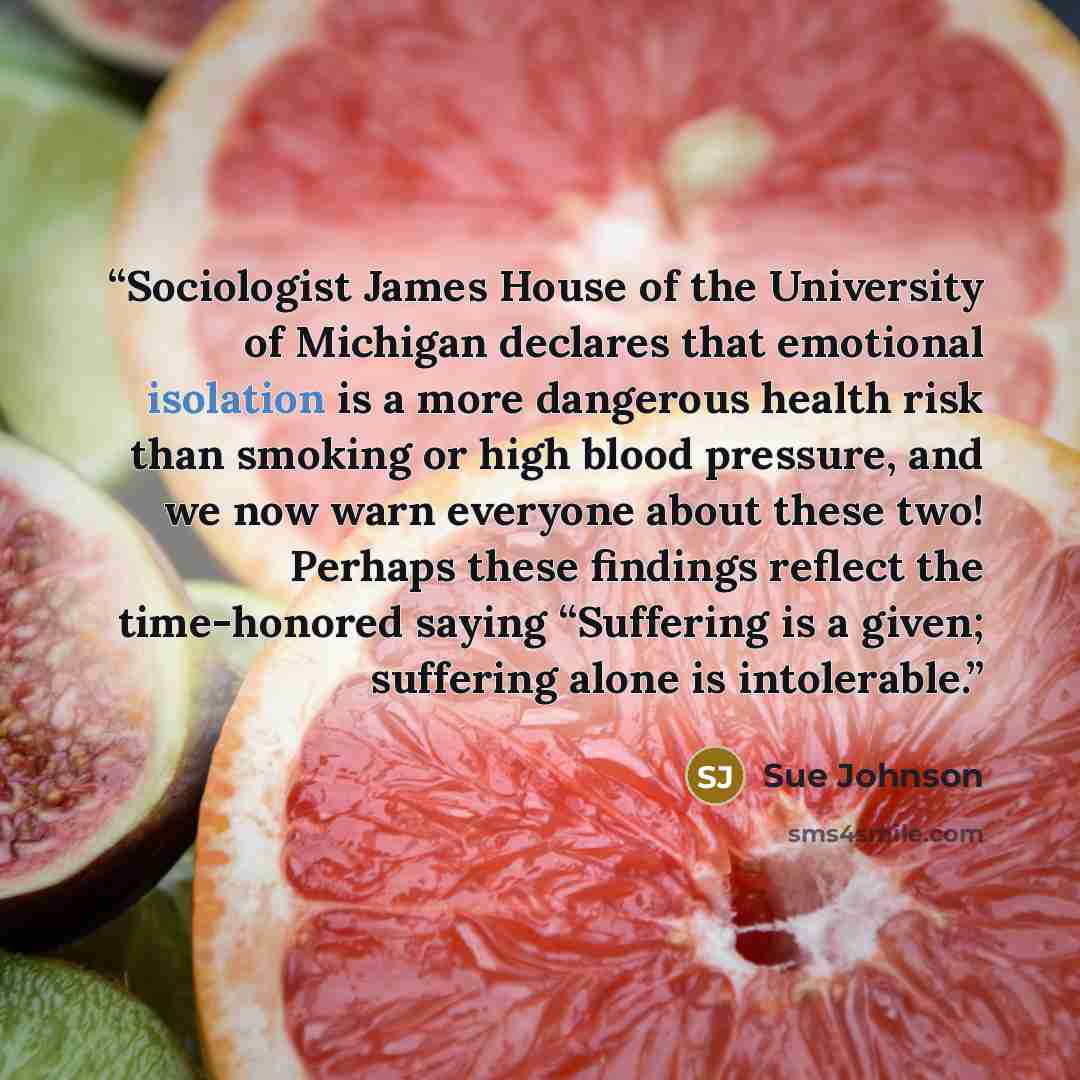 “Sociologist James House of the University of Michigan declares that emotional isolation is a more dangerous health risk than smoking or high blood pressure, and we now warn everyone about these two! Perhaps these findings reflect the time-honored saying “Suffering is a given; suffering alone is…” quote by Sue Johnson