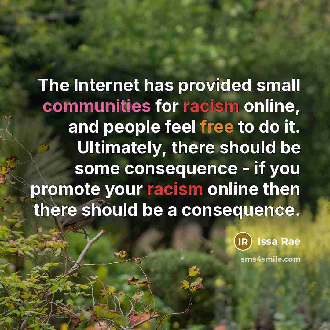 “The Internet has provided small communities for racism online, and people feel free to do it. Ultimately, there should be some consequence - if you promote your racism online then there should be a consequence.” quote by Issa Rae