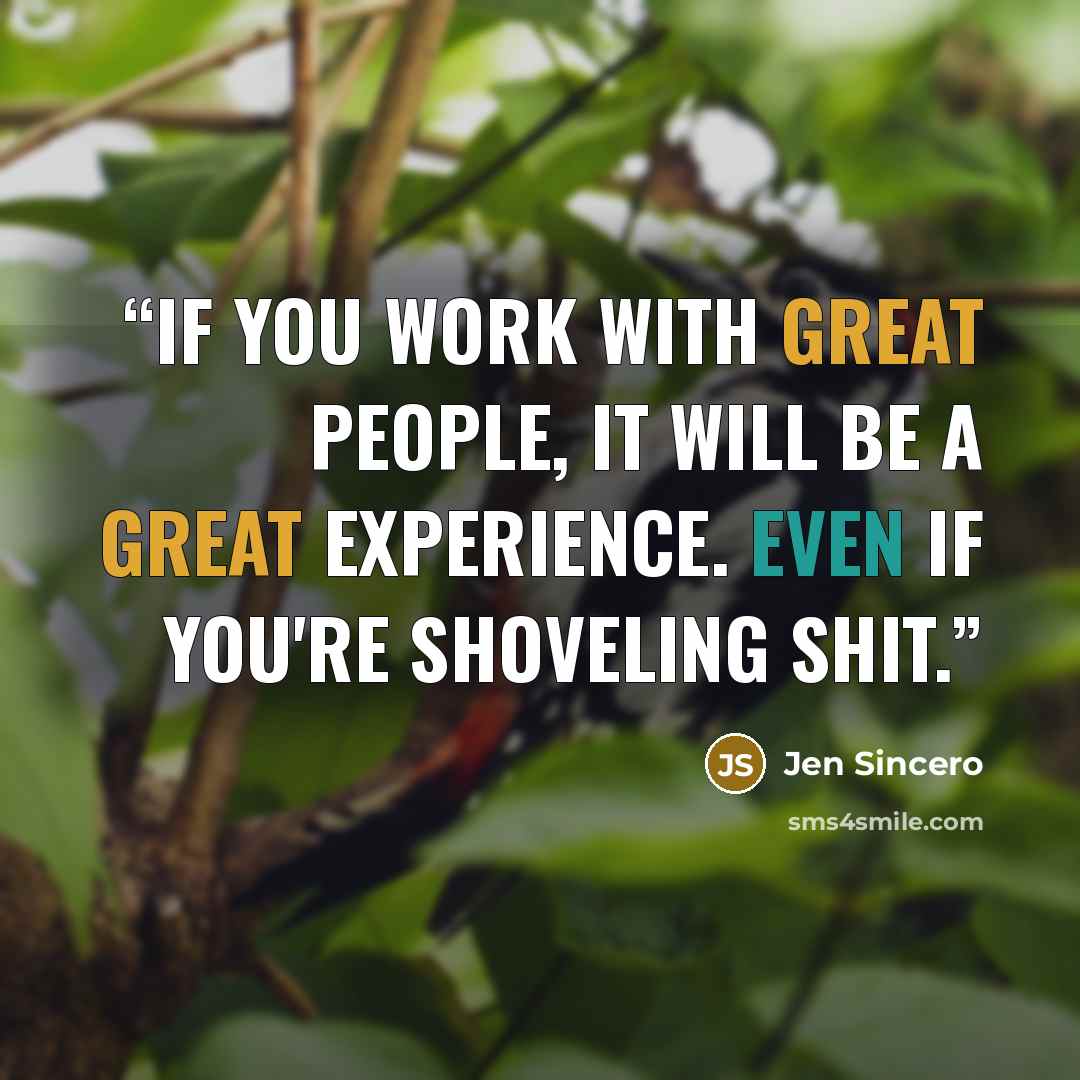 “If you work with great people, it will be a great experience. Even if you're shoveling shit.” quote by Jen Sincero