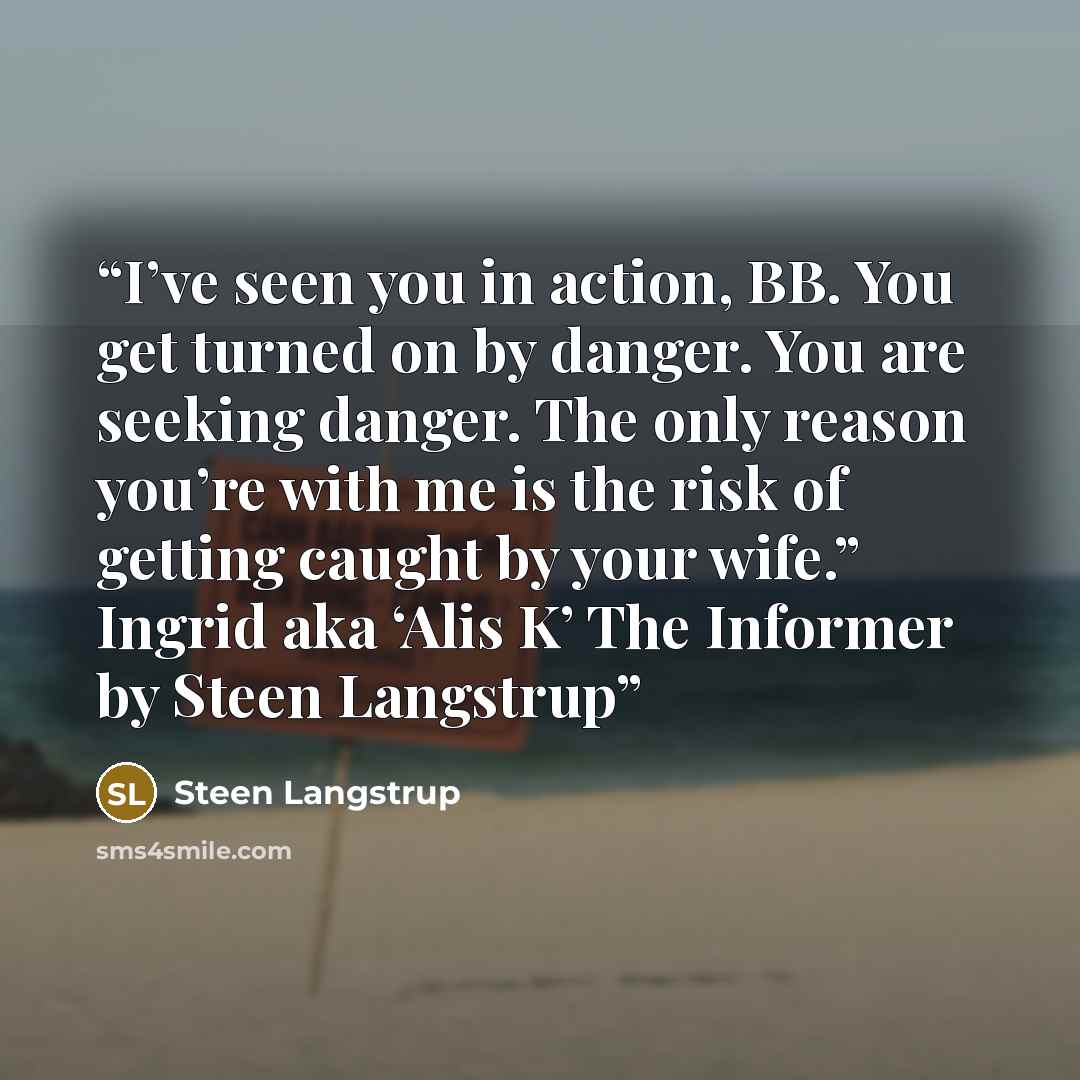 “I’ve seen you in action, BB. You get turned on by danger. You are seeking danger. The only reason you’re with me is the risk of getting caught by your wife.” Ingrid aka ‘Alis K’ The Informer by Steen Langstrup” quote by Steen Langstrup