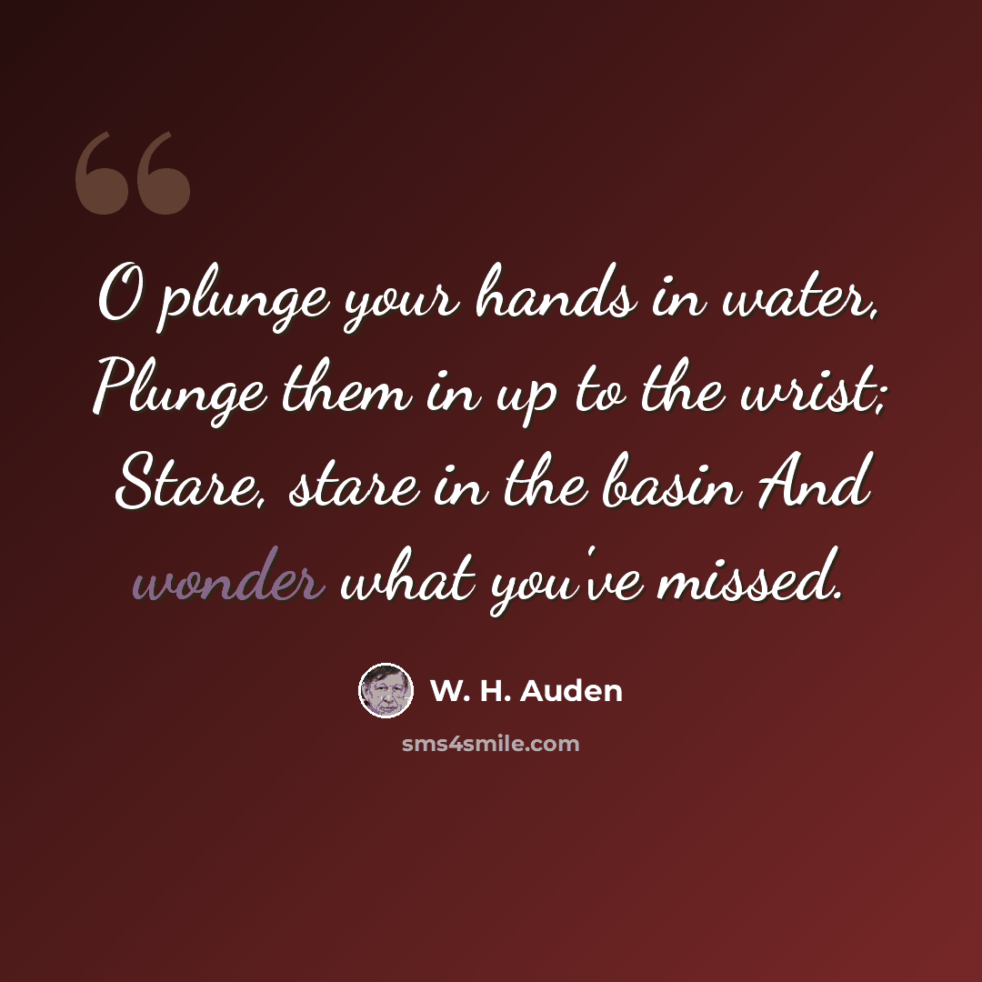 “O plunge your hands in water, Plunge them in up to the wrist; Stare, stare in the basin And wonder what you've missed.” quote by W. H. Auden
