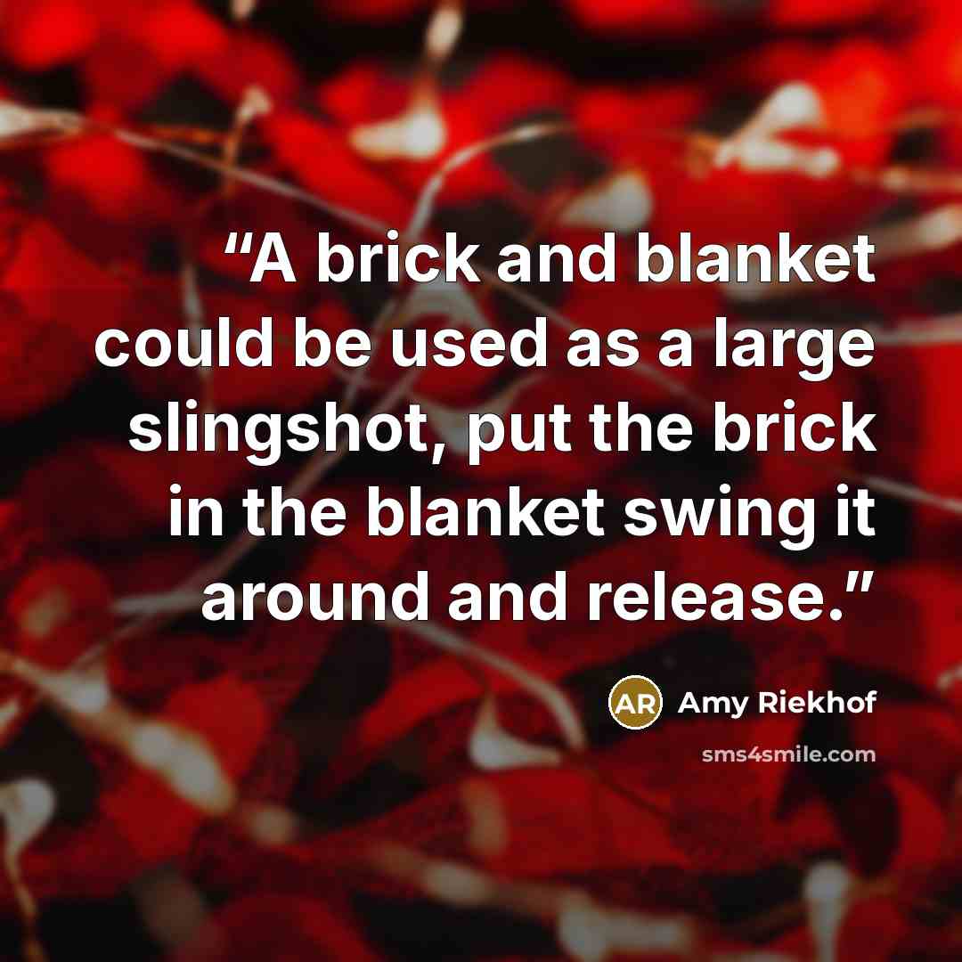“A brick and blanket could be used as a large slingshot, put the brick in the blanket swing it around and release.” quote by Amy Riekhof