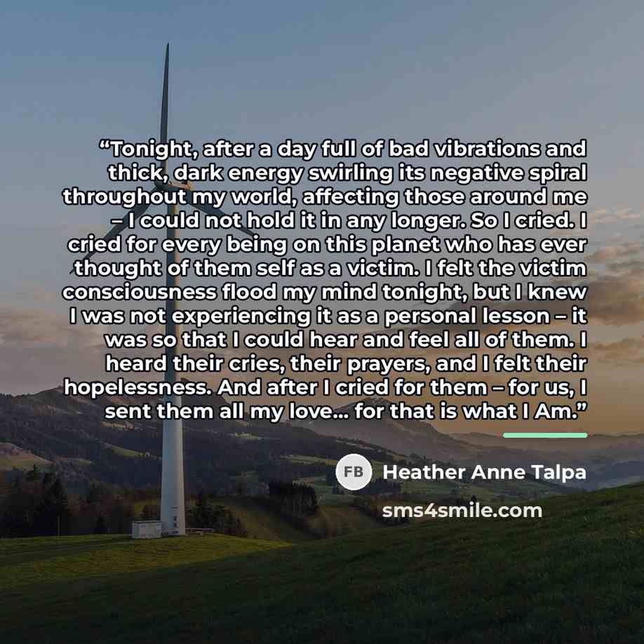“Tonight, after a day full of bad vibrations and thick, dark energy swirling its negative spiral throughout my world, affecting those around me – I could not hold it in any longer. So I cried. I cried for every being on this planet who has ever thought of them self as a victim. I felt the victim…” quote by Heather Anne Talpa