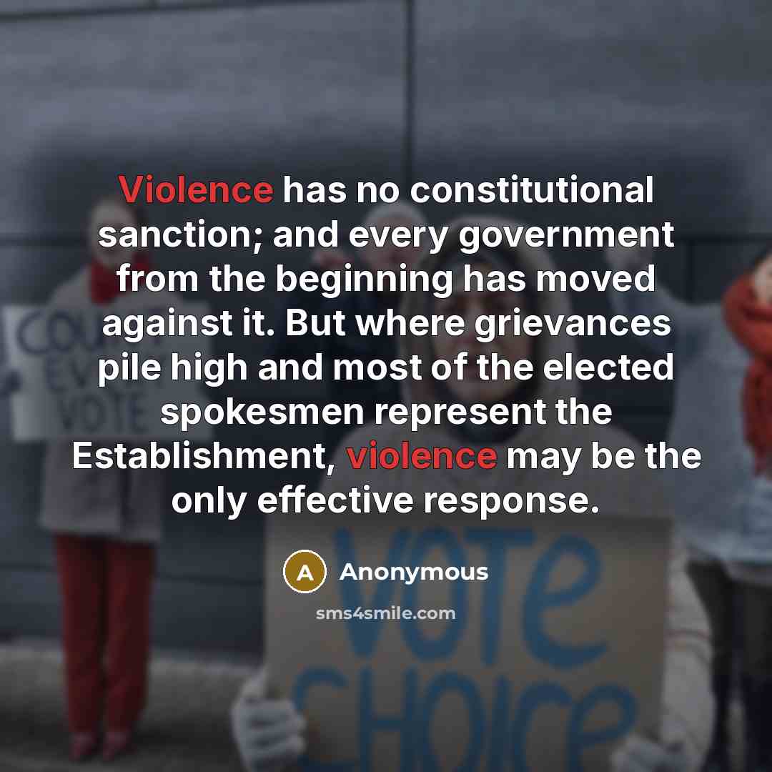 “Violence has no constitutional sanction; and every government from the beginning has moved against it. But where grievances pile high and most of the elected spokesmen represent the Establishment, violence may be the only effective response.” quote by Anonymous