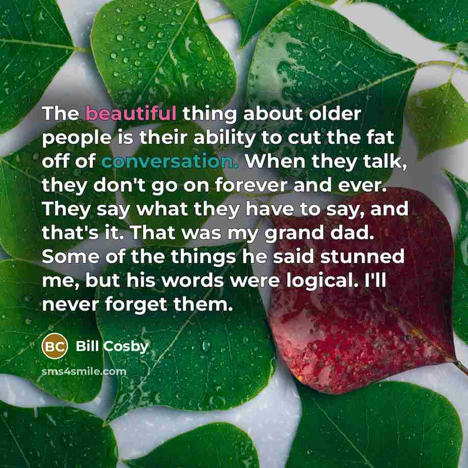 “The beautiful thing about older people is their ability to cut the fat off of conversation. When they talk, they don't go on forever and ever. They say what they have to say, and that's it. That was my grand dad. Some of the things he said stunned me, but his words were logical. I'll never forget…” quote by Bill Cosby