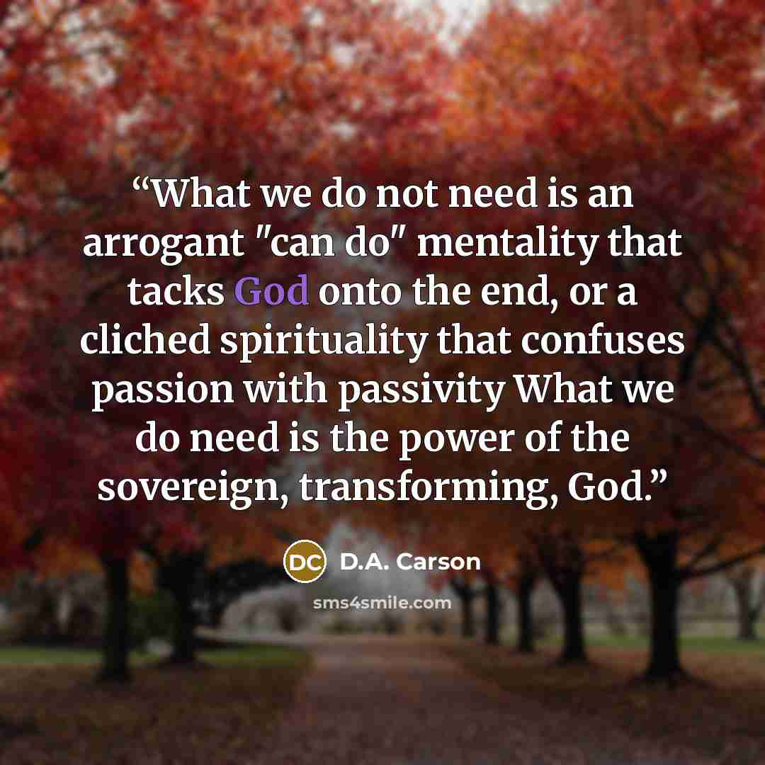 “What we do not need is an arrogant "can do" mentality that tacks God onto the end, or a cliched spirituality that confuses passion with passivity What we do need is the power of the sovereign, transforming, God.” quote by D.A. Carson