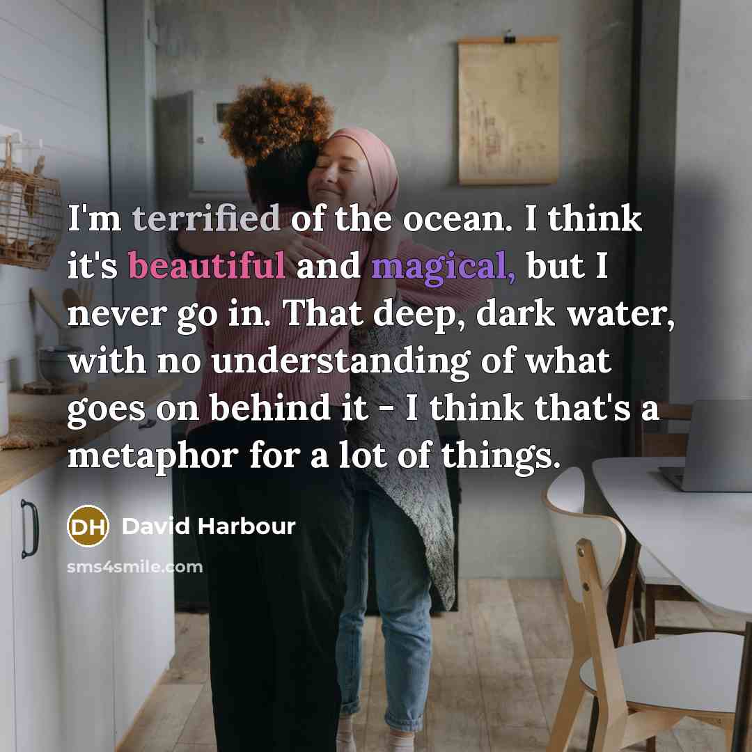 “I'm terrified of the ocean. I think it's beautiful and magical, but I never go in. That deep, dark water, with no understanding of what goes on behind it - I think that's a metaphor for a lot of things.” quote by David Harbour