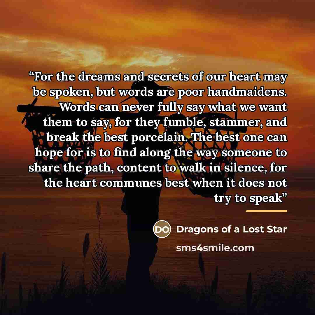 “For the dreams and secrets of our heart may be spoken, but words are poor handmaidens. Words can never fully say what we want them to say, for they fumble, stammer, and break the best porcelain. The best one can hope for is to find along the way someone to share the path, content to walk in…” quote by Dragons of a Lost Star