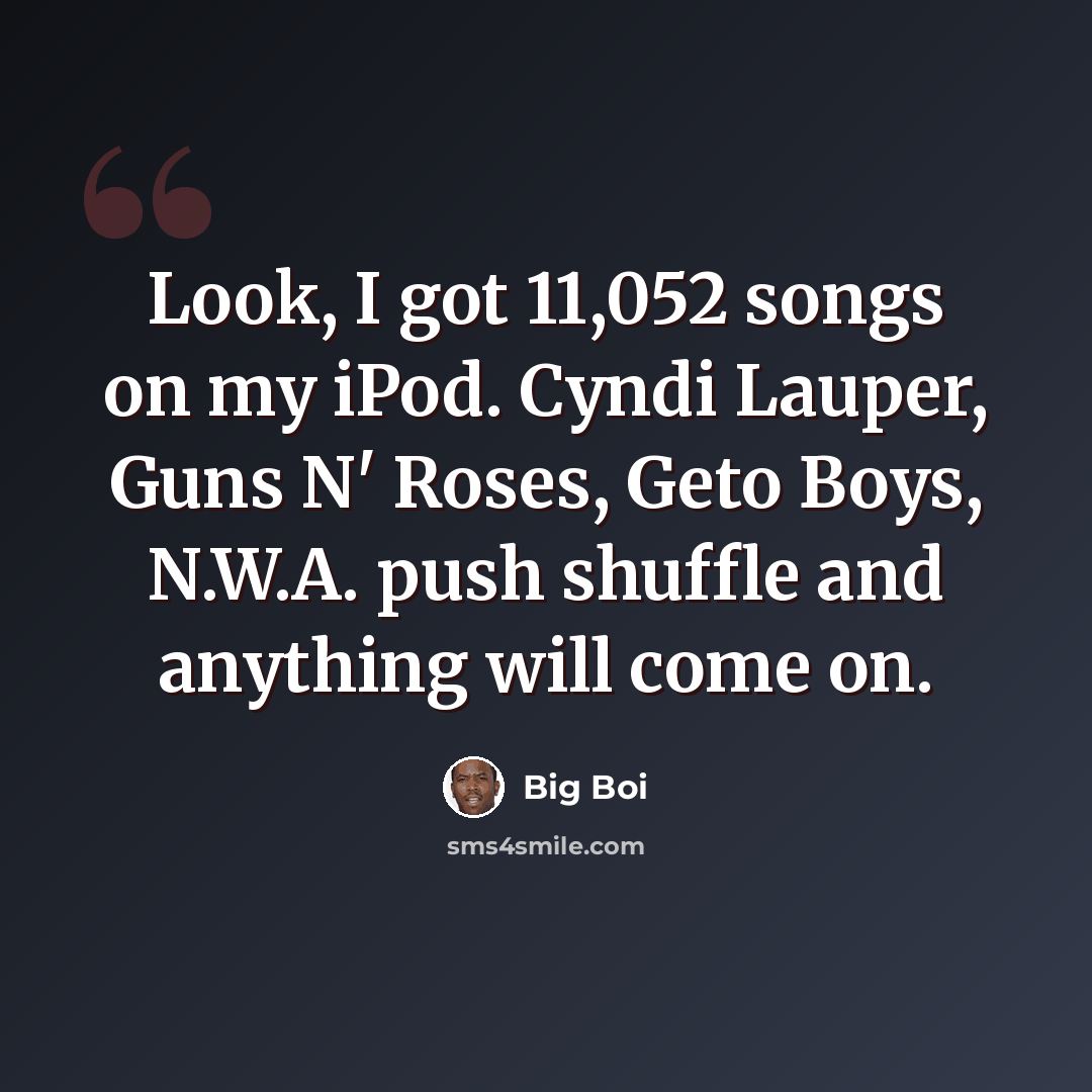 “Look, I got 11,052 songs on my iPod. Cyndi Lauper, Guns N' Roses, Geto Boys, N.W.A. push shuffle and anything will come on.” quote by Big Boi