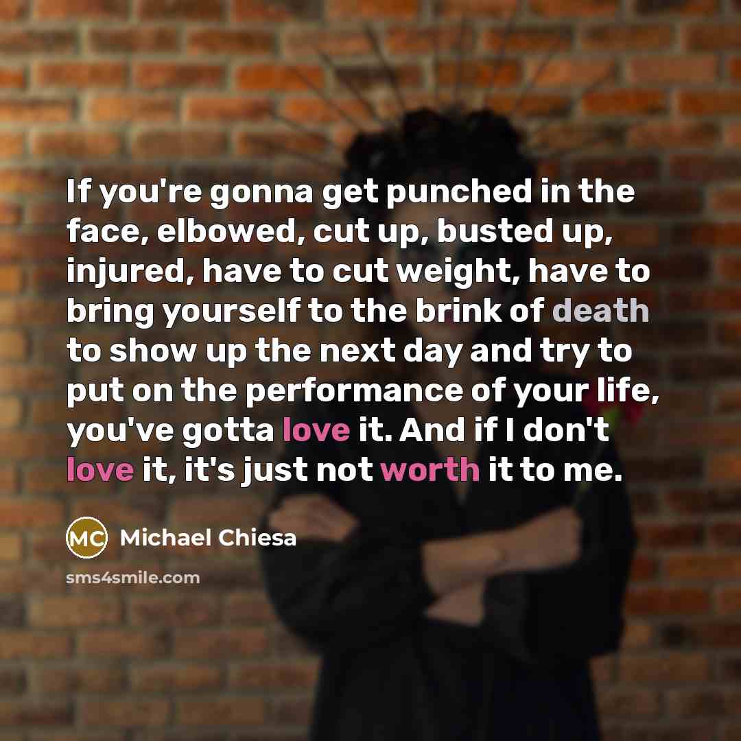 “If you're gonna get punched in the face, elbowed, cut up, busted up, injured, have to cut weight, have to bring yourself to the brink of death to show up the next day and try to put on the performance of your life, you've gotta love it. And if I don't love it, it's just not worth it to me.” quote by Michael Chiesa