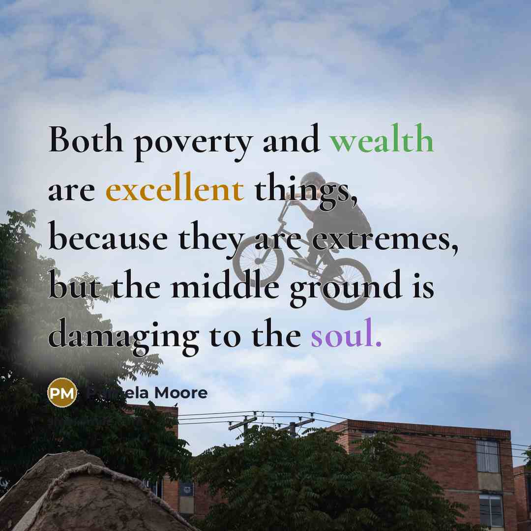 “Both poverty and wealth are excellent things, because they are extremes, but the middle ground is damaging to the soul.” quote by Pamela Moore