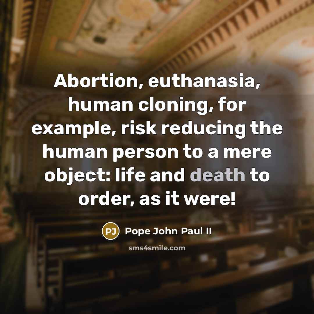 “Abortion, euthanasia, human cloning, for example, risk reducing the human person to a mere object: life and death to order, as it were!” quote by Pope John Paul II
