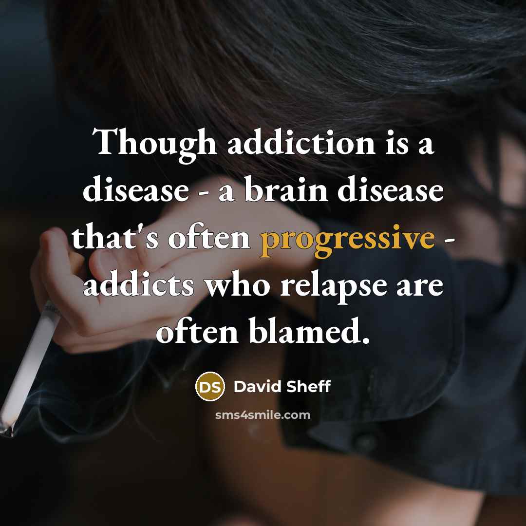 “Though addiction is a disease - a brain disease that's often progressive - addicts who relapse are often blamed.” quote by David Sheff