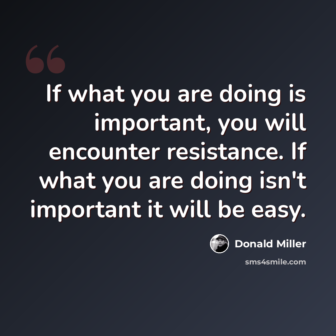 “If what you are doing is important, you will encounter resistance. If what you are doing isn't important it will be easy.” quote by Donald Miller