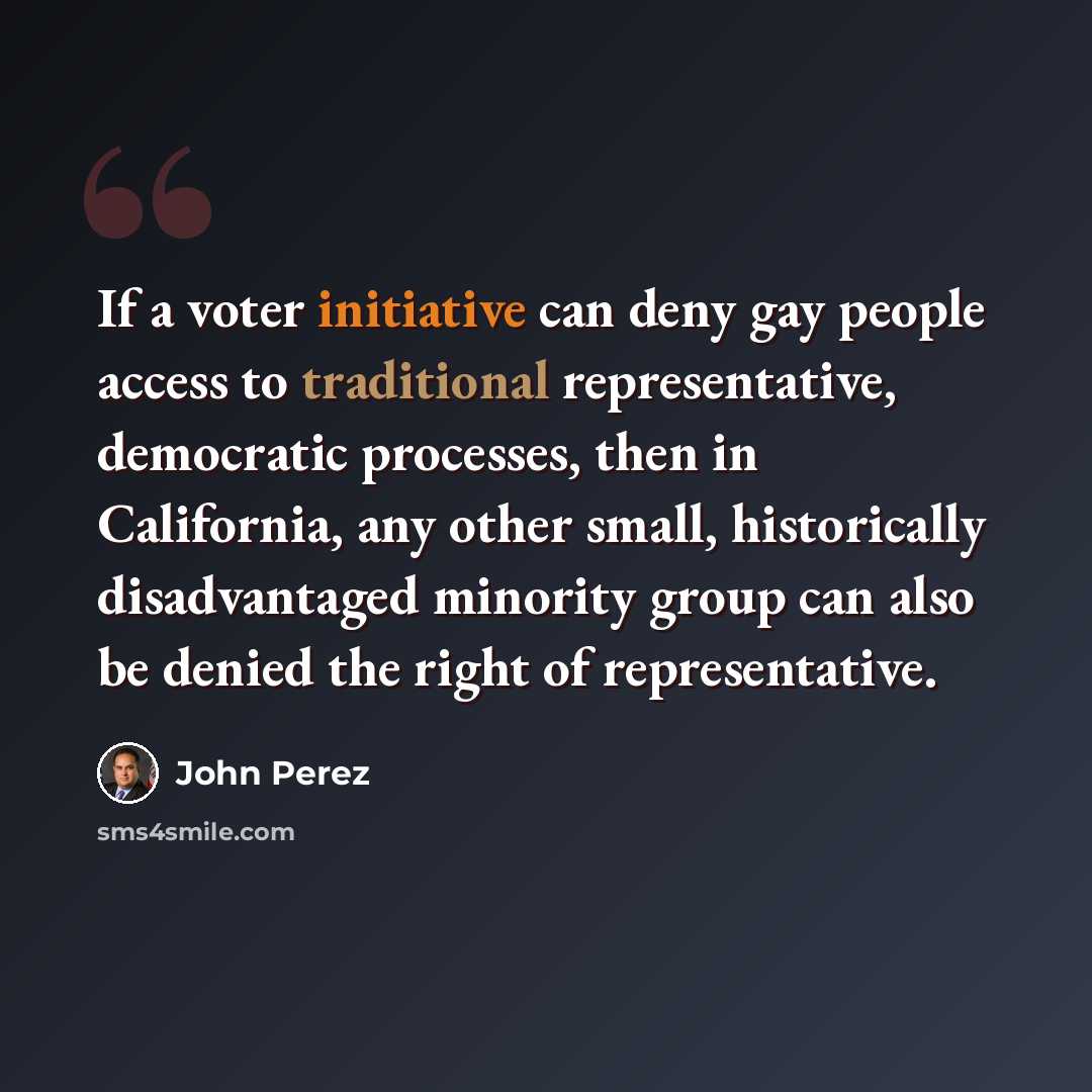 “If a voter initiative can deny gay people access to traditional representative, democratic processes, then in California, any other small, historically disadvantaged minority group can also be denied the right of representative.” quote by John Perez