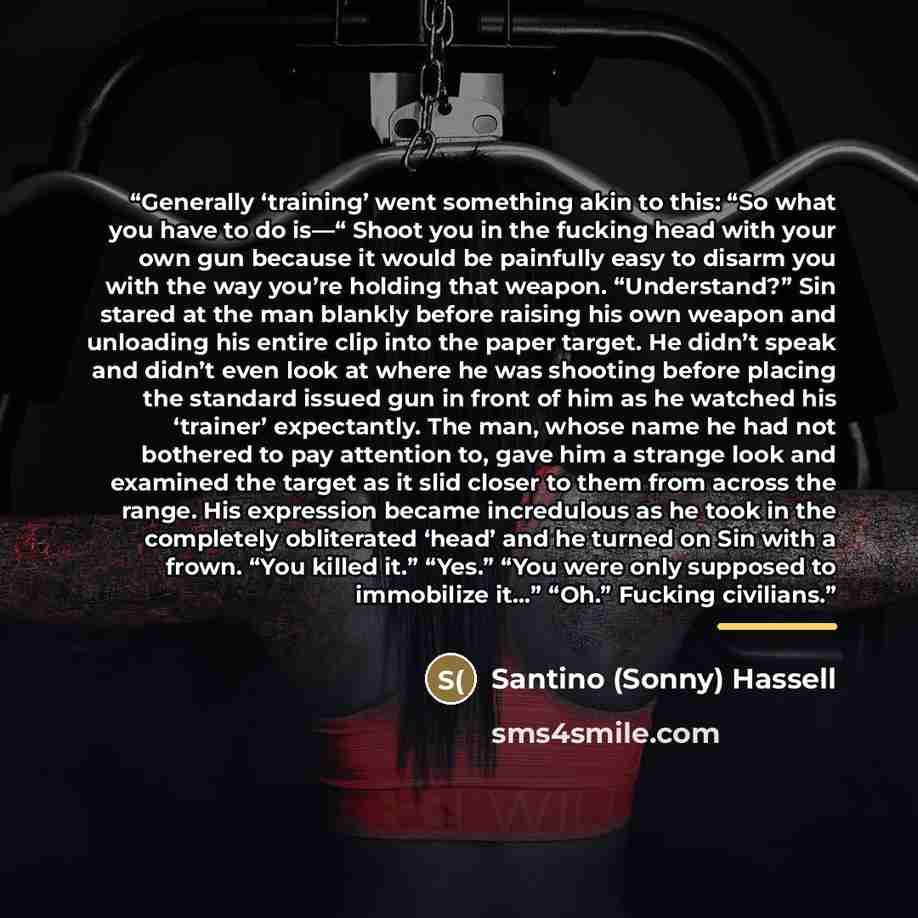 “Generally ‘training’ went something akin to this: “So what you have to do is—“ Shoot you in the fucking head with your own gun because it would be painfully easy to disarm you with the way you’re holding that weapon. “Understand?” Sin stared at the man blankly before raising his own weapon and…” quote by Santino (Sonny) Hassell