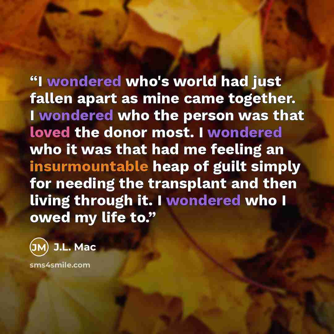 “I wondered who's world had just fallen apart as mine came together. I wondered who the person was that loved the donor most. I wondered who it was that had me feeling an insurmountable heap of guilt simply for needing the transplant and then living through it. I wondered who I owed my life to.” quote by J.L. Mac