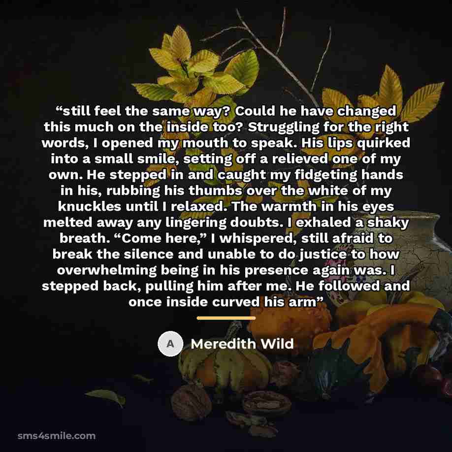 “still feel the same way? Could he have changed this much on the inside too? Struggling for the right words, I opened my mouth to speak. His lips quirked into a small smile, setting off a relieved one of my own. He stepped in and caught my fidgeting hands in his, rubbing his thumbs over the white…” quote by Meredith Wild