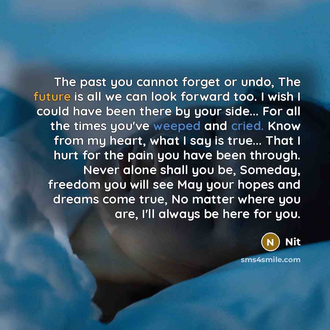 “The past you cannot forget or undo, The future is all we can look forward too. I wish I could have been there by your side... For all the times you've weeped and cried. Know from my heart, what I say is true... That I hurt for the pain you have been through. Never alone shall you be, Someday…” quote by Nit