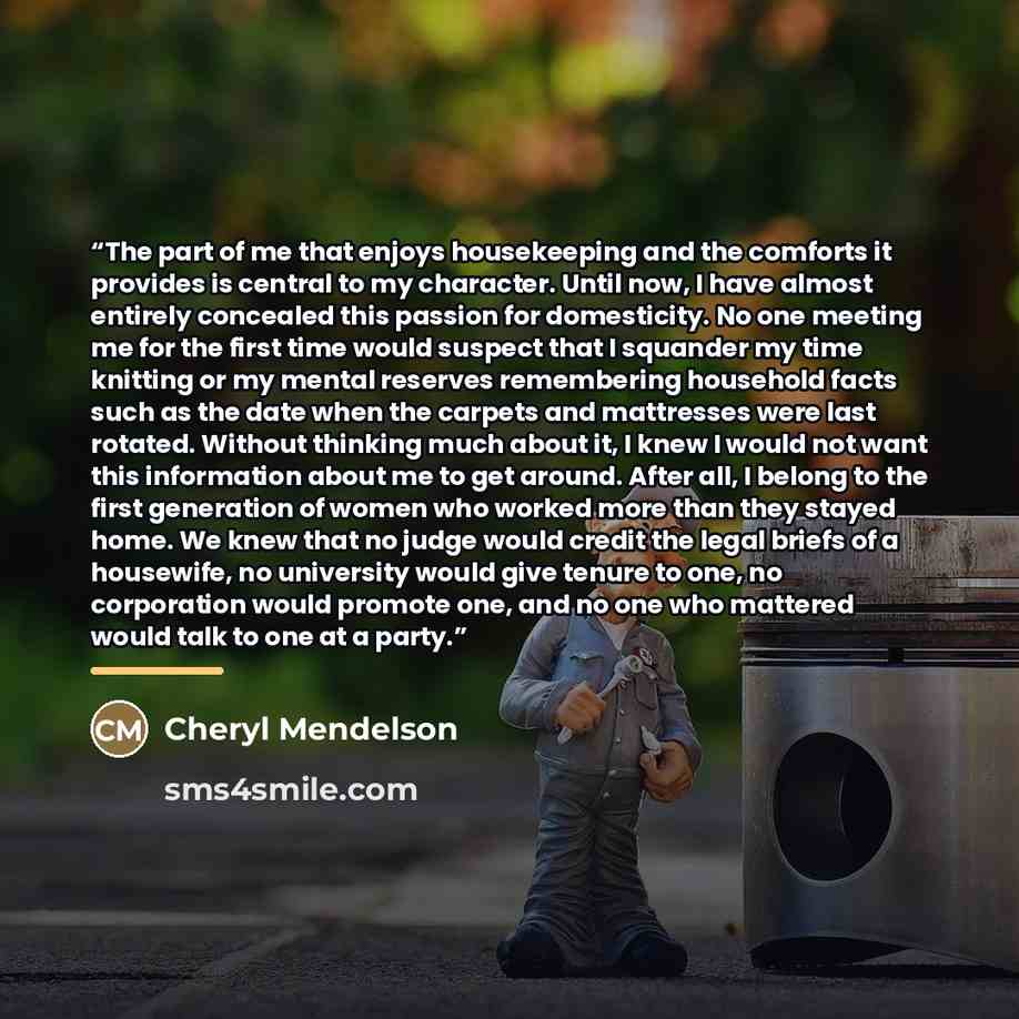 “The part of me that enjoys housekeeping and the comforts it provides is central to my character. Until now, I have almost entirely concealed this passion for domesticity. No one meeting me for the first time would suspect that I squander my time knitting or my mental reserves remembering household…” quote by Cheryl Mendelson
