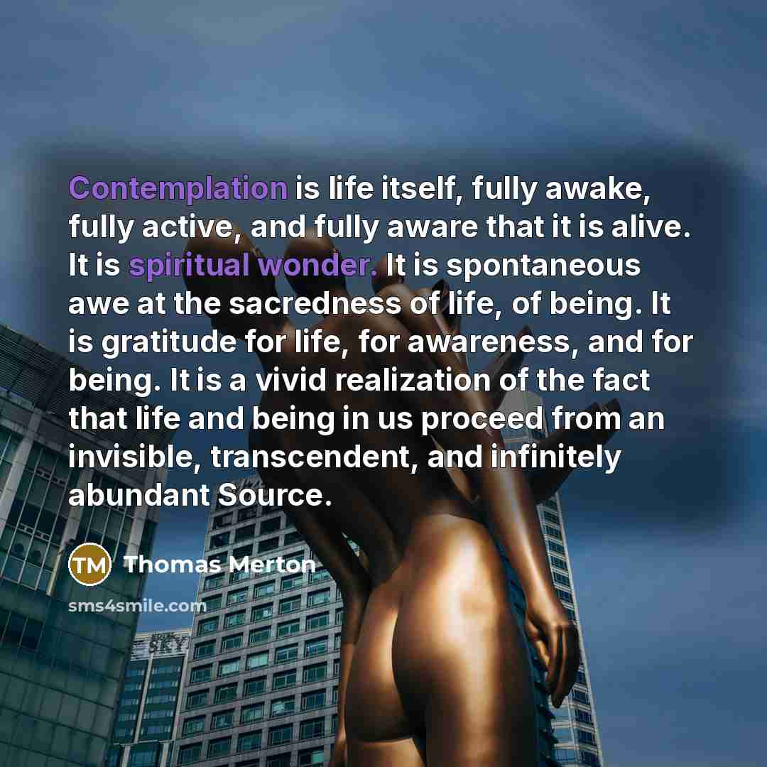 “Contemplation is life itself, fully awake, fully active, and fully aware that it is alive. It is spiritual wonder. It is spontaneous awe at the sacredness of life, of being. It is gratitude for life, for awareness, and for being. It is a vivid realization of the fact that life and being in us…” quote by Thomas Merton