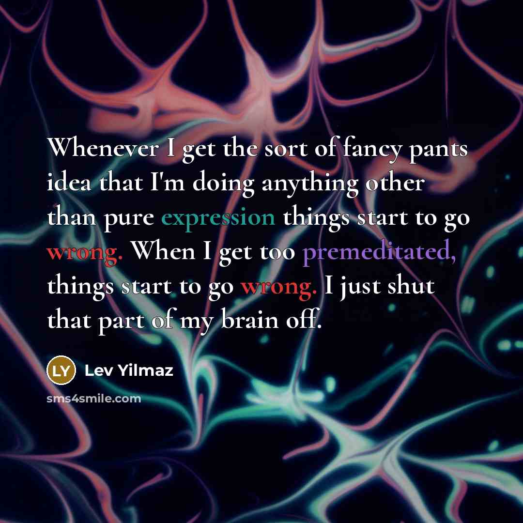“Whenever I get the sort of fancy pants idea that I'm doing anything other than pure expression things start to go wrong. When I get too premeditated, things start to go wrong. I just shut that part of my brain off.” quote by Lev Yilmaz