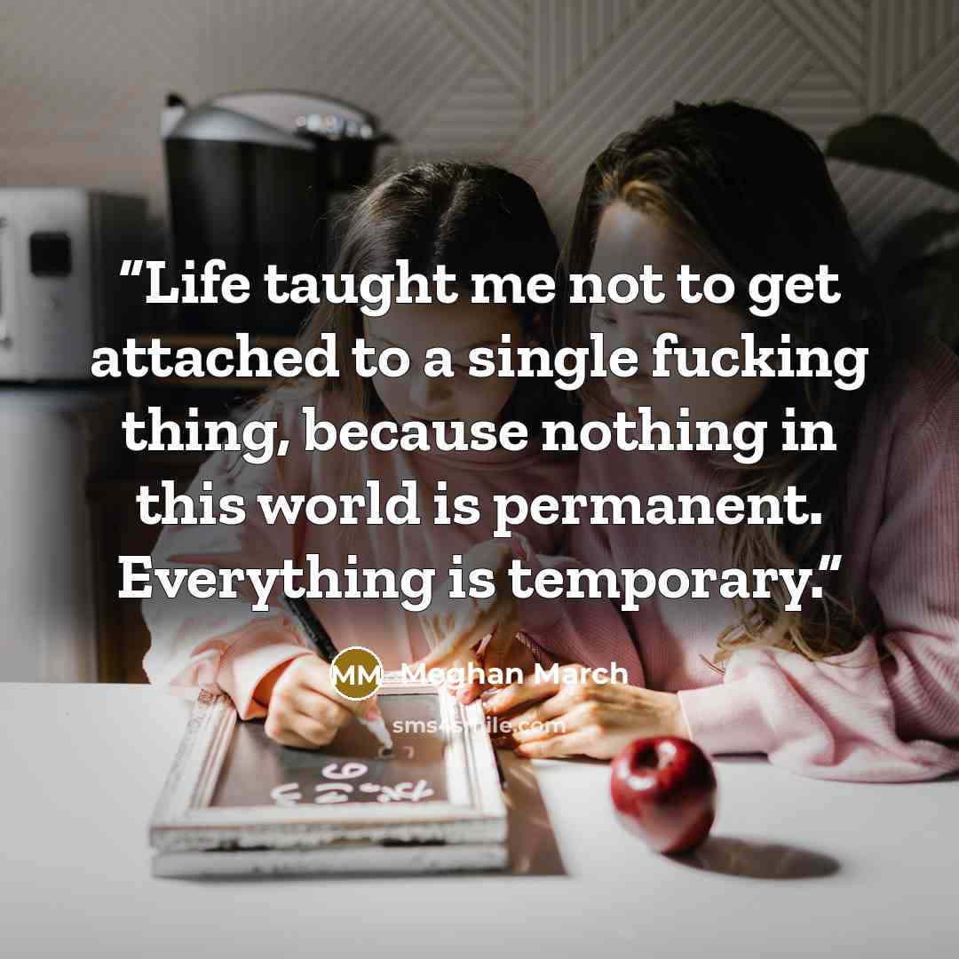 “Life taught me not to get attached to a single fucking thing, because nothing in this world is permanent. Everything is temporary.” quote by Meghan March