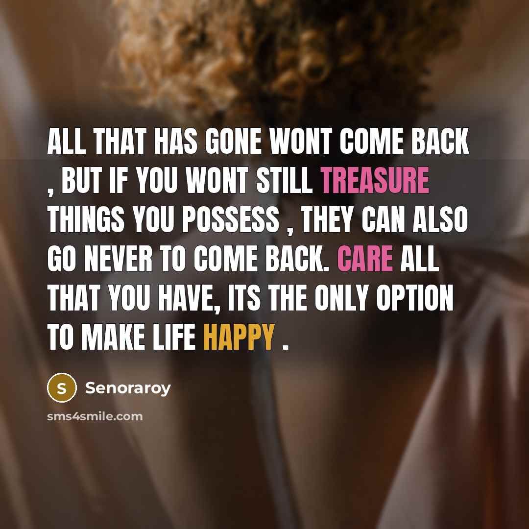 “All that has gone wont come back , but if you wont still treasure things you possess , they can also go never to come back. Care all that you have, its the only option to make life happy .” quote by Senoraroy