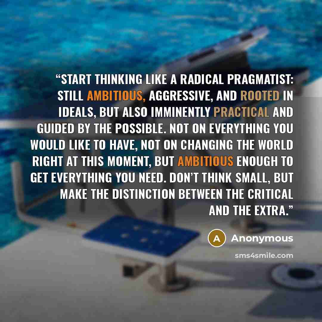 “Start thinking like a radical pragmatist: still ambitious, aggressive, and rooted in ideals, but also imminently practical and guided by the possible. Not on everything you would like to have, not on changing the world right at this moment, but ambitious enough to get everything you need. Don’t…” quote by Anonymous