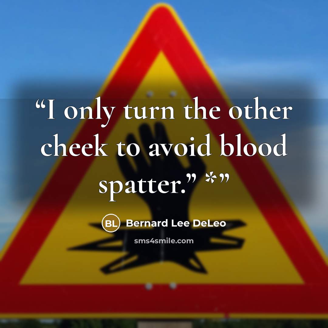 “I only turn the other cheek to avoid blood spatter.” *” quote by Bernard Lee DeLeo