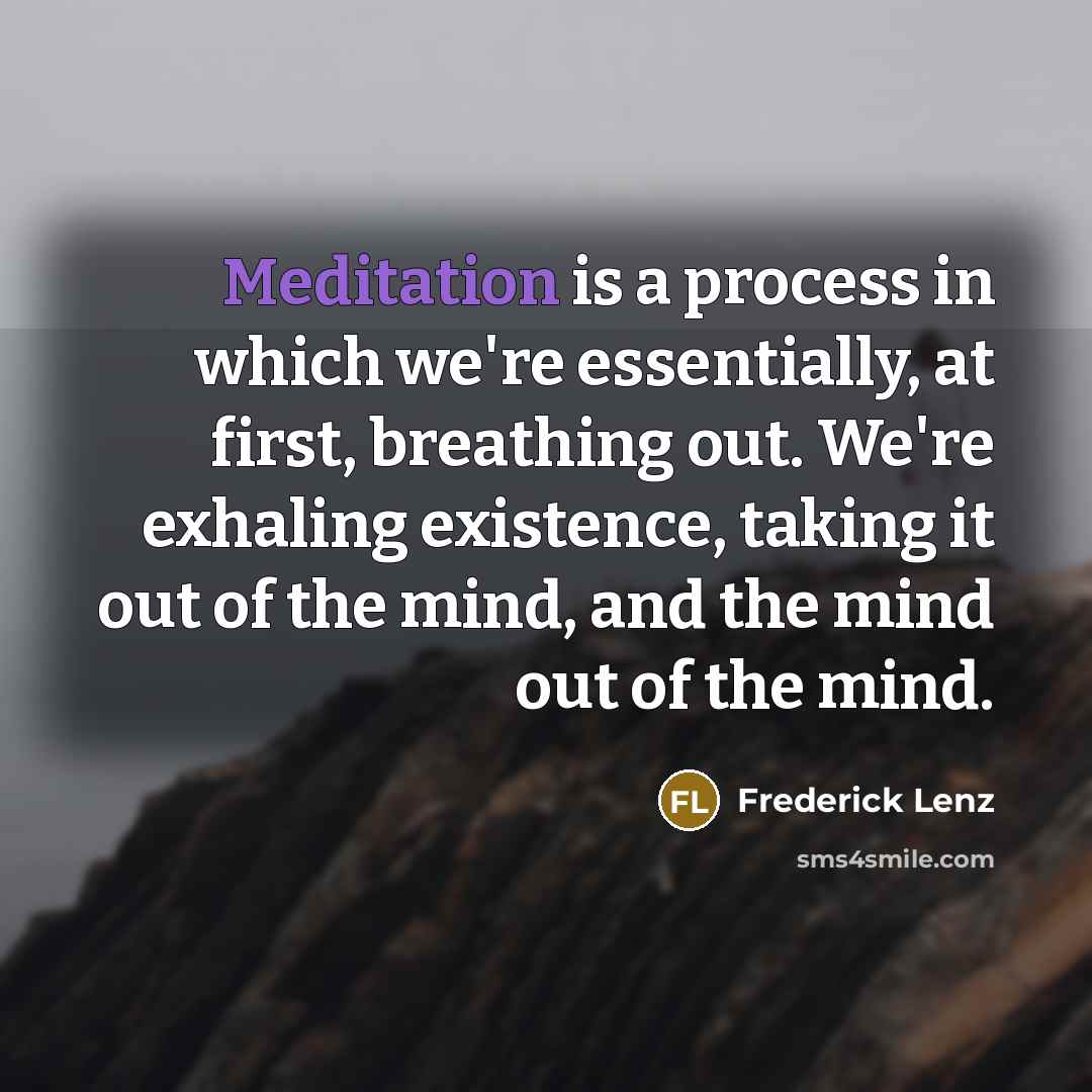 “Meditation is a process in which we're essentially, at first, breathing out. We're exhaling existence, taking it out of the mind, and the mind out of the mind.” quote by Frederick Lenz