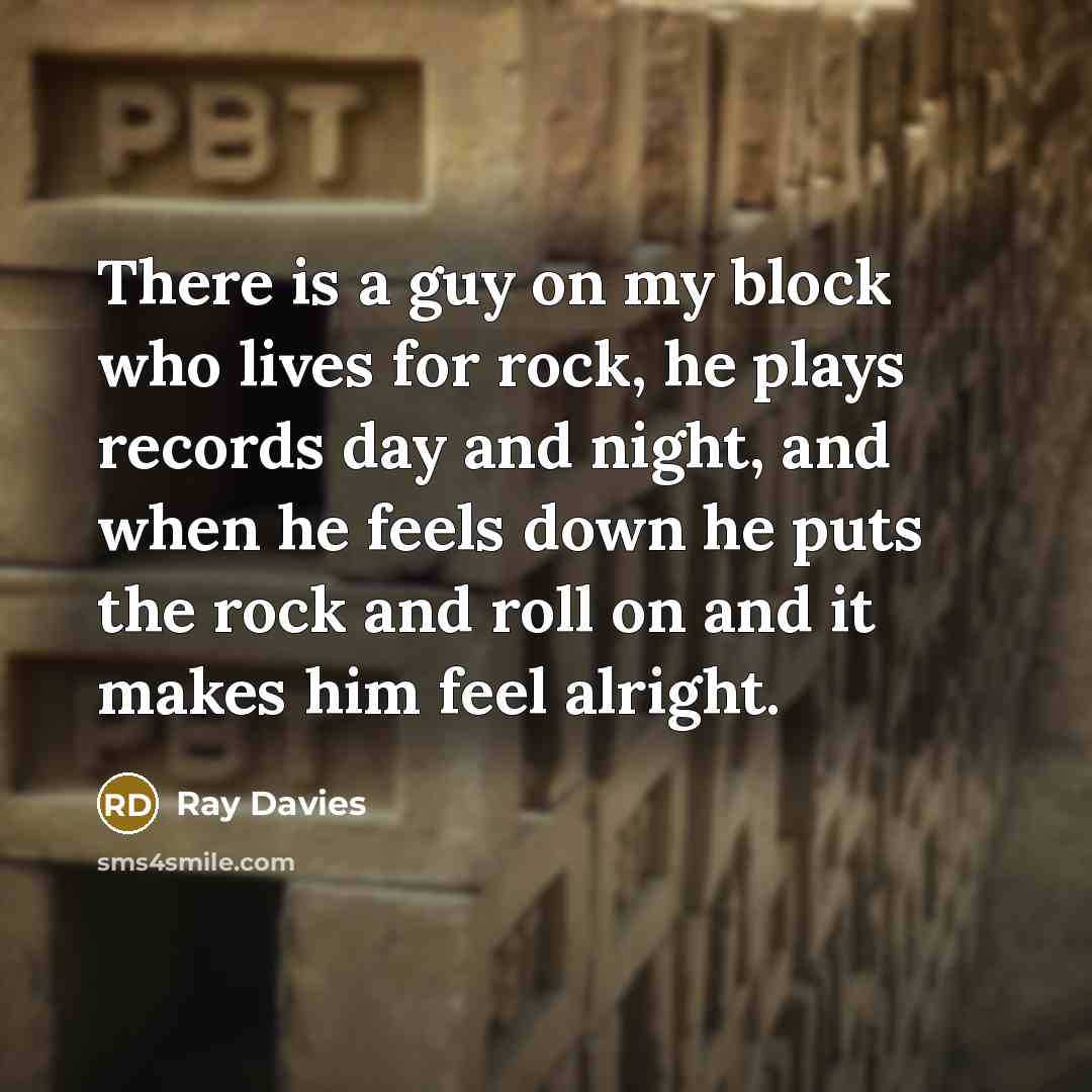 “There is a guy on my block who lives for rock, he plays records day and night, and when he feels down he puts the rock and roll on and it makes him feel alright.” quote by Ray Davies
