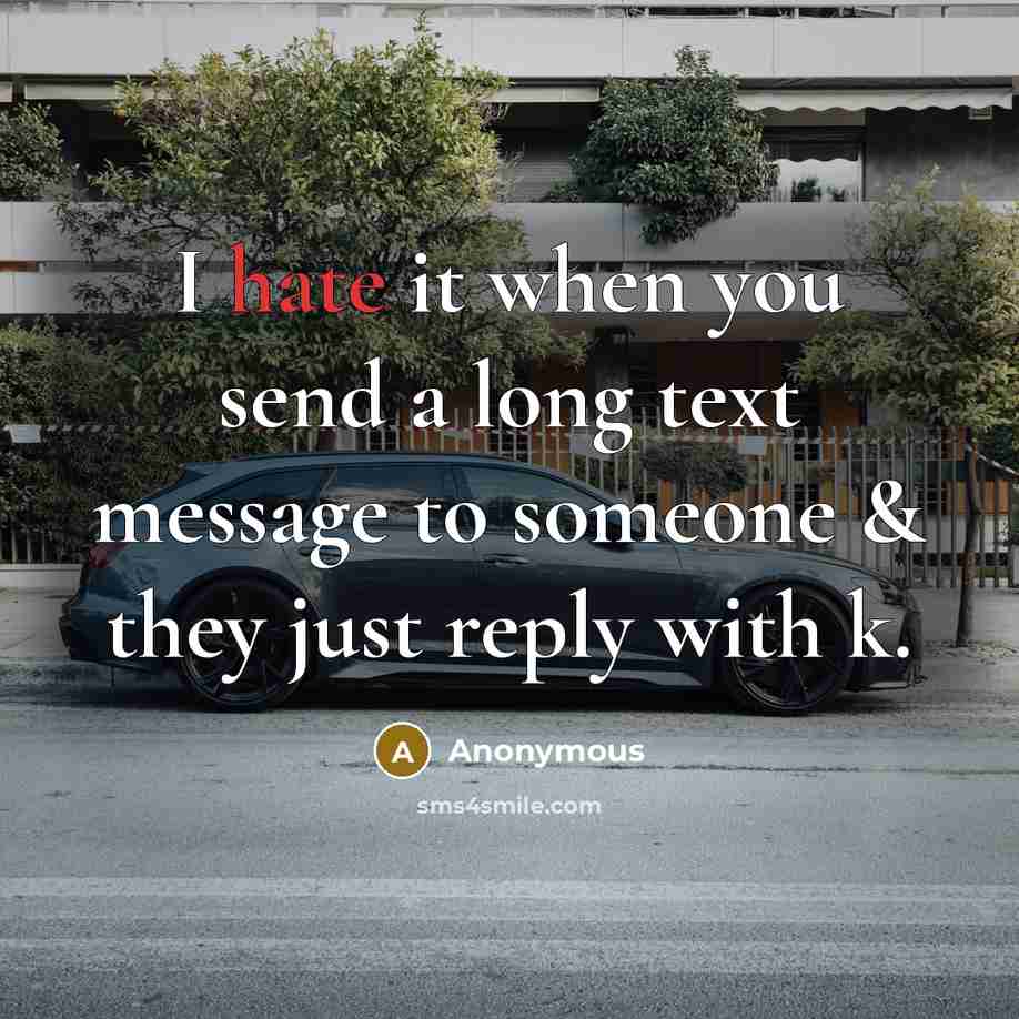 “I hate it when you send a long text message to someone & they just reply with k.” quote by Anonymous