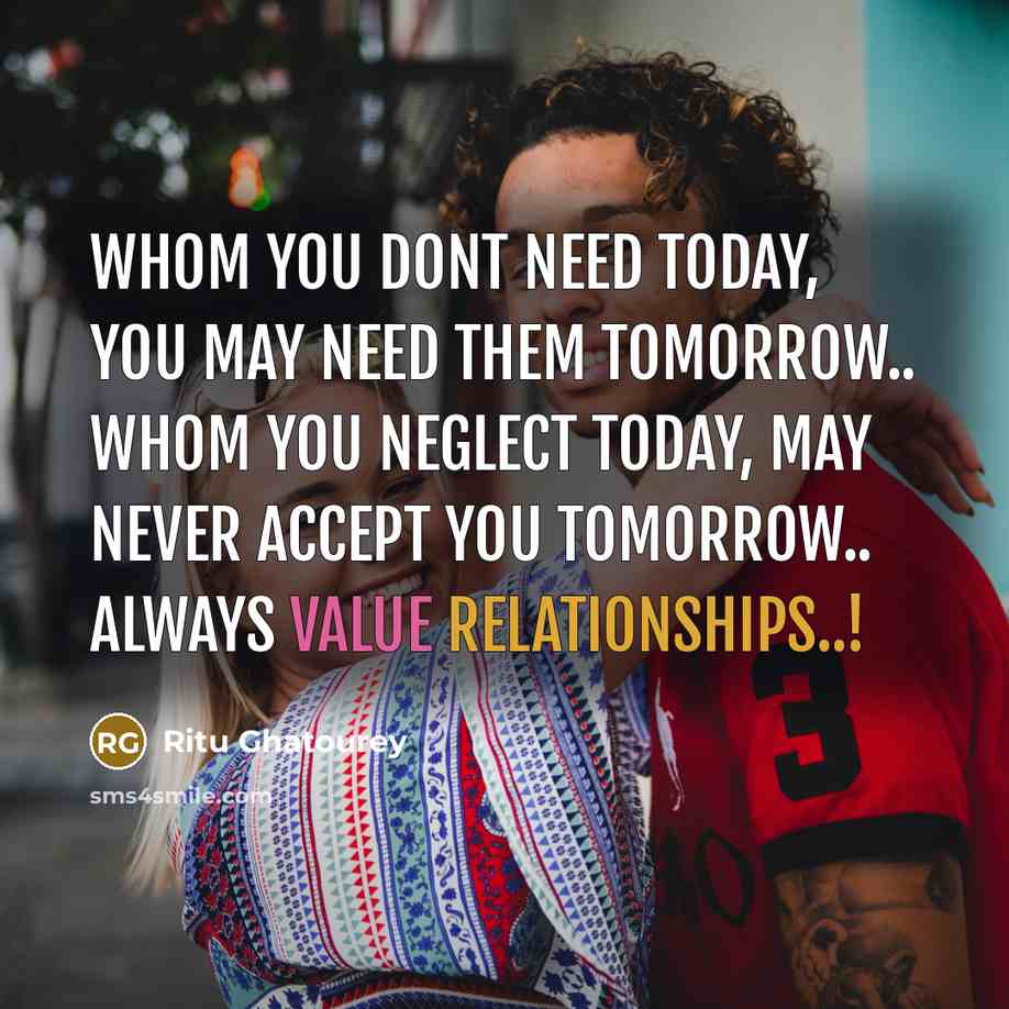 “Whom you Dont Need Today, you May Need Them Tomorrow.. Whom you Neglect Today, May Never Accept you Tomorrow.. Always Value Relationships..!” quote by Ritu Ghatourey